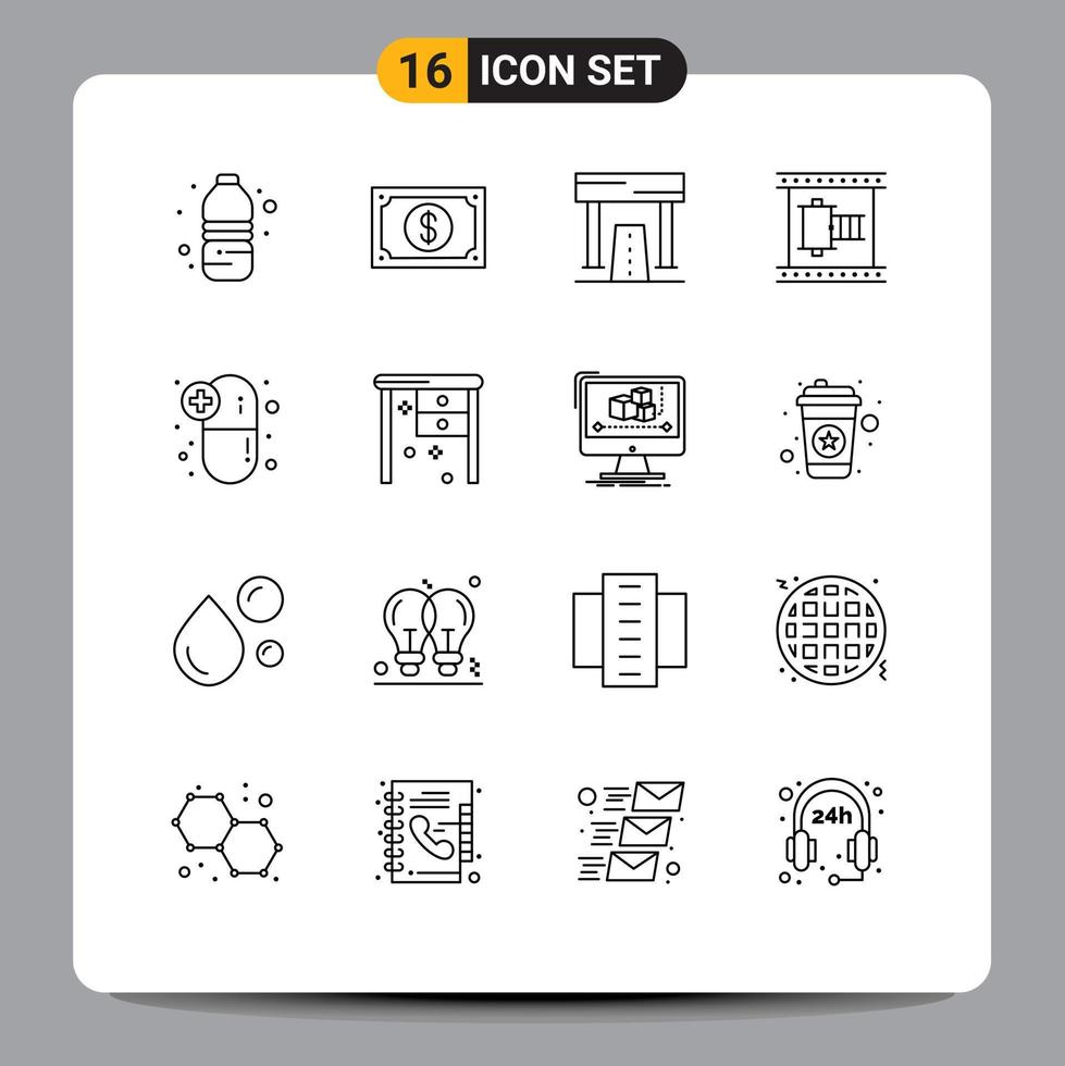 Pictogram Set of 16 Simple Outlines of movie reel film wearable cinema game Editable Vector Design Elements