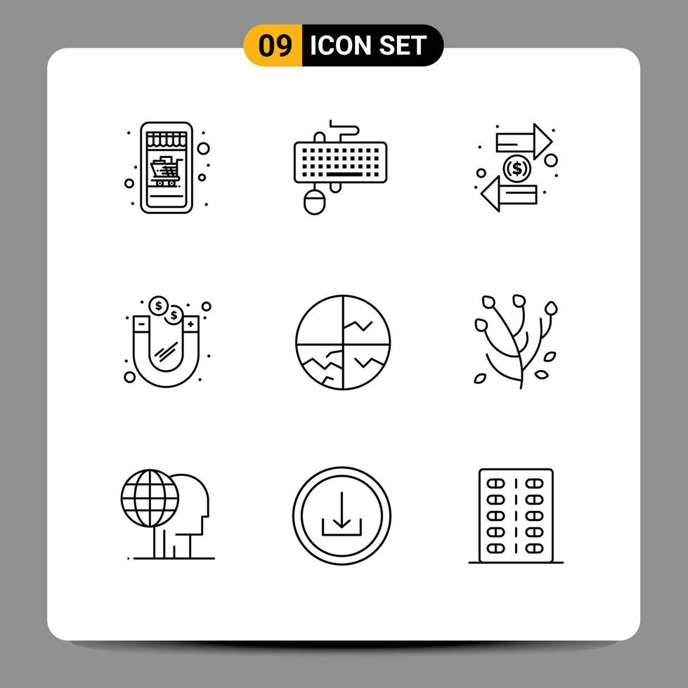 Pack of 9 Modern Outlines Signs and Symbols for Web Print Media such as dry skin money coin investment interchange Editable Vector Design Elements