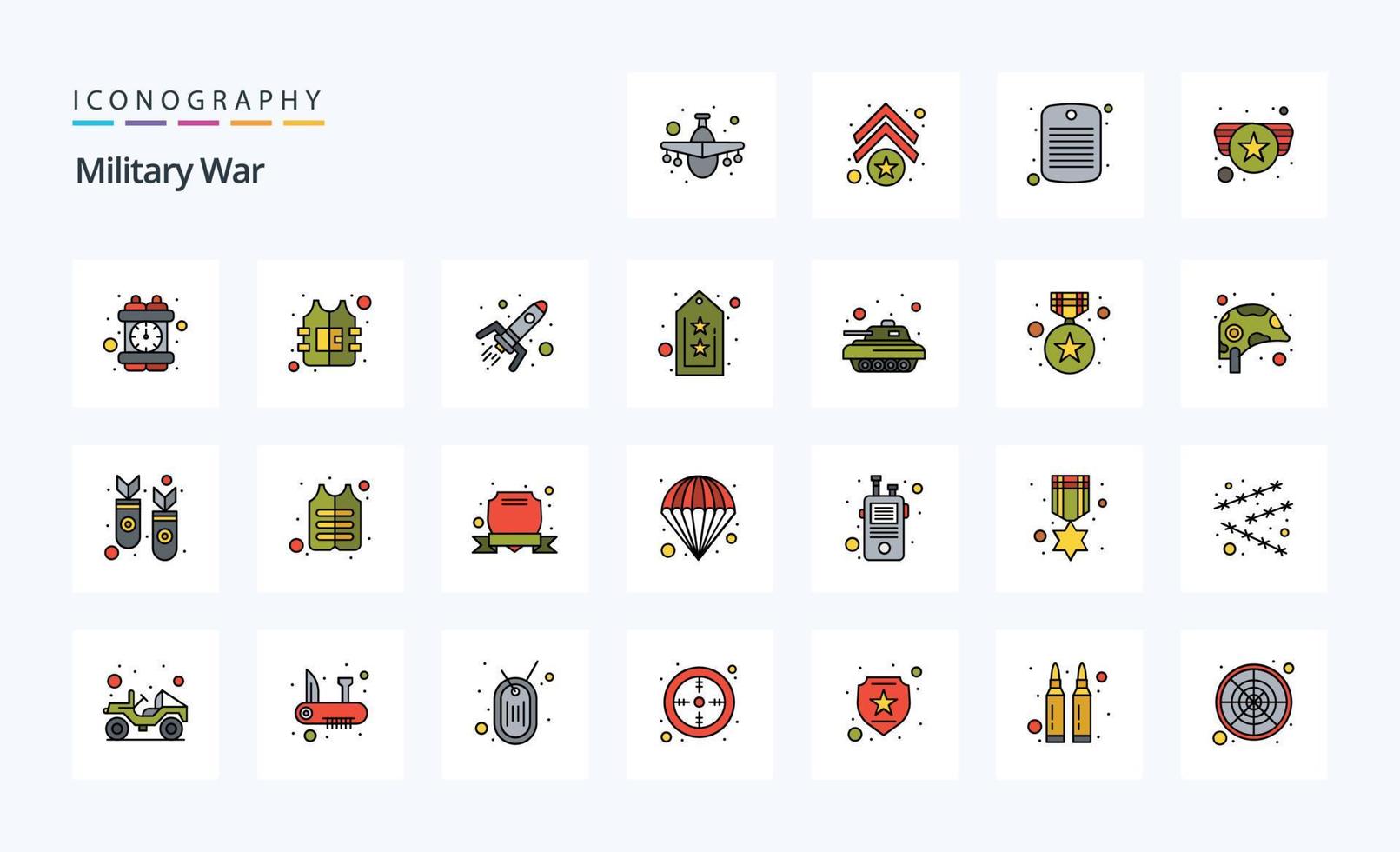 paquete de iconos de estilo lleno de línea de guerra militar 25 vector