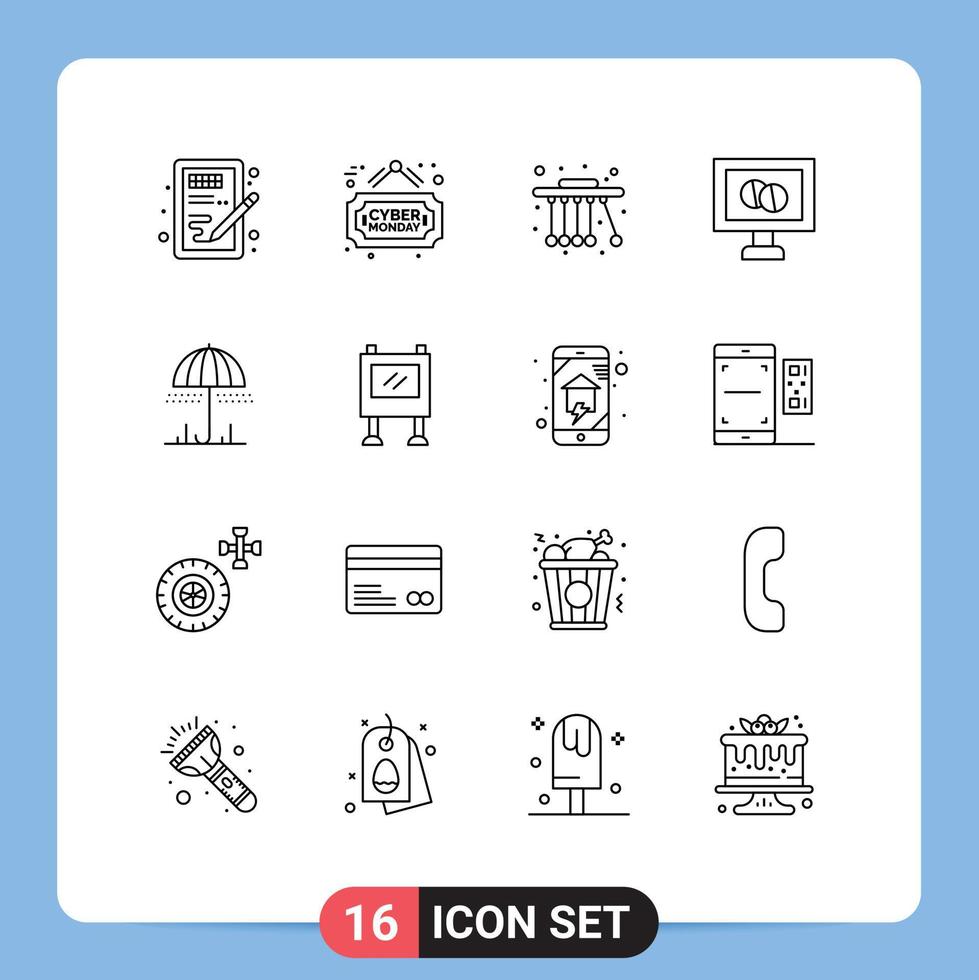 Universal Icon Symbols Group of 16 Modern Outlines of spring umbrella pendulum rain medicine Editable Vector Design Elements