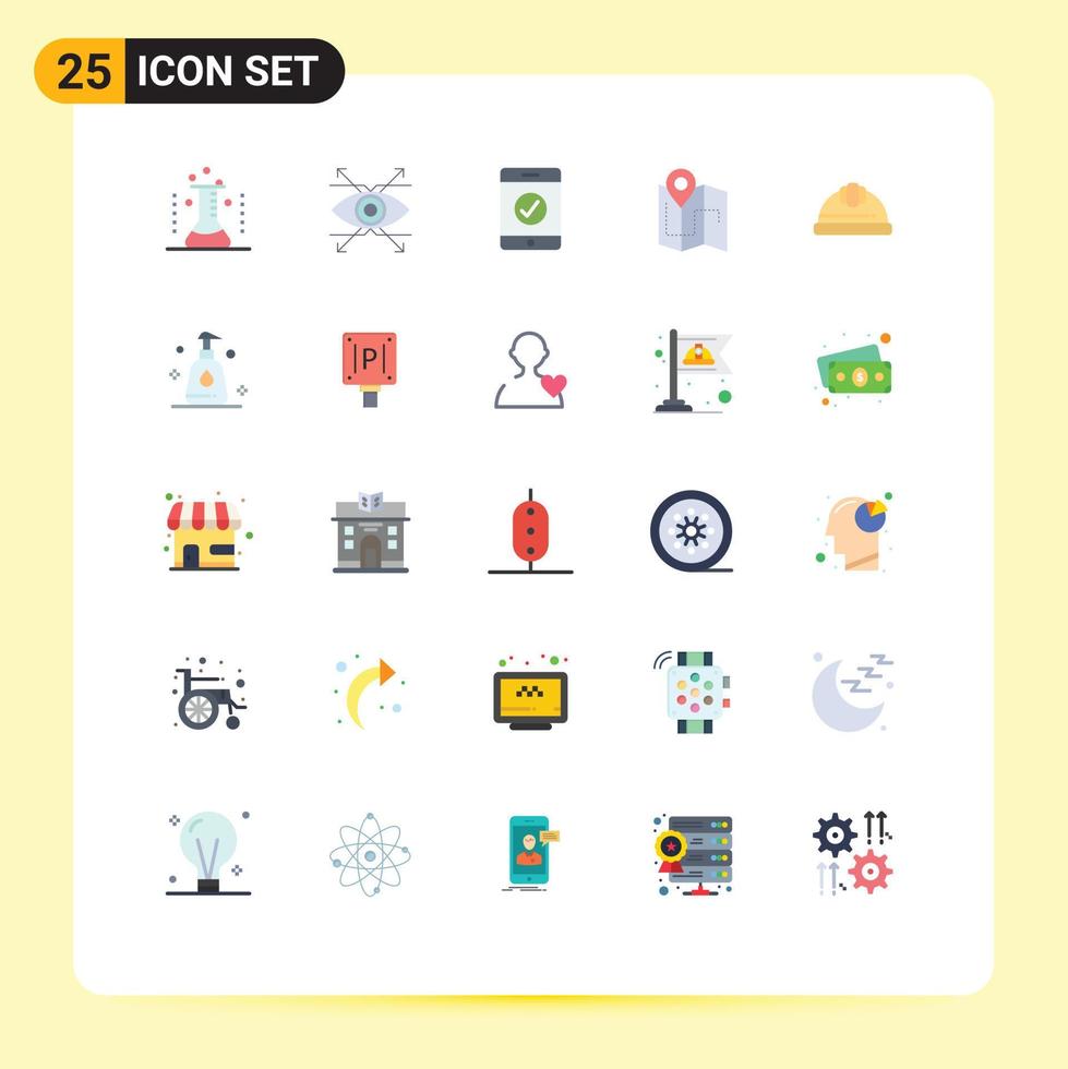 User Interface Pack of 25 Basic Flat Colors of helmet location vision track camping Editable Vector Design Elements