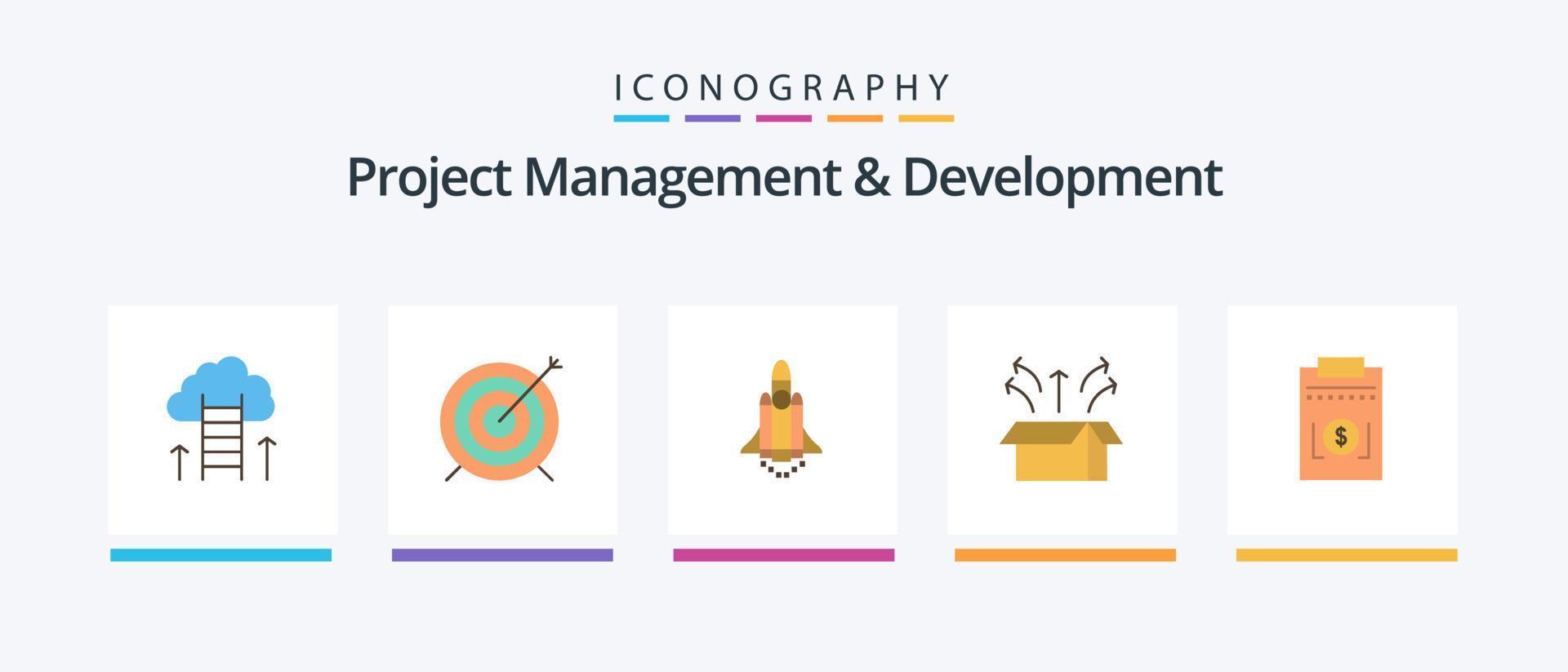 Project Management And Development Flat 5 Icon Pack Including product. launch. focus. box. promote. Creative Icons Design vector