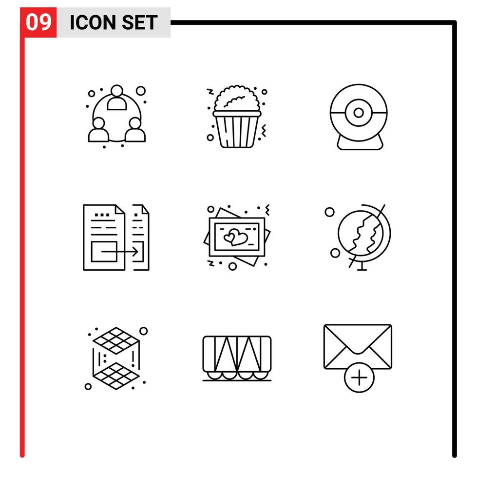 9 User Interface Outline Pack of modern Signs and Symbols of love frame webcam invoice document Editable Vector Design Elements