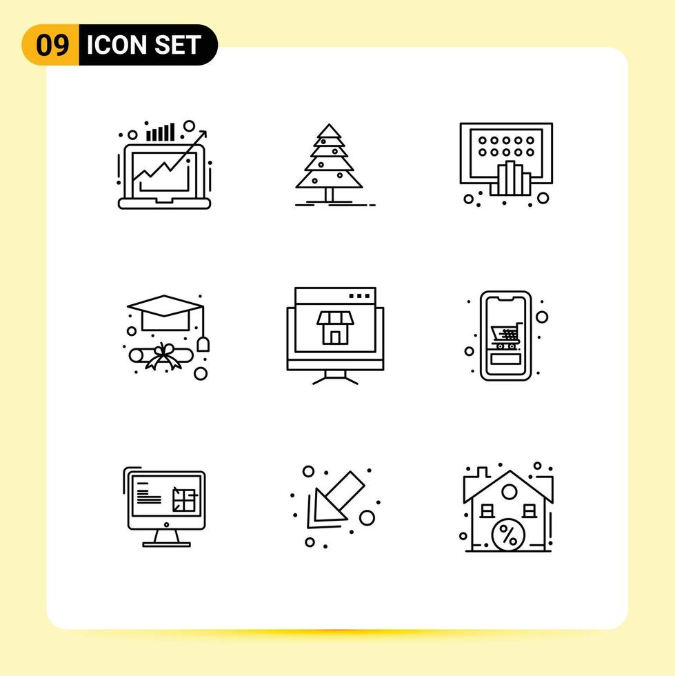 Pictogram Set of 9 Simple Outlines of computer graduation x mas degree phone Editable Vector Design Elements
