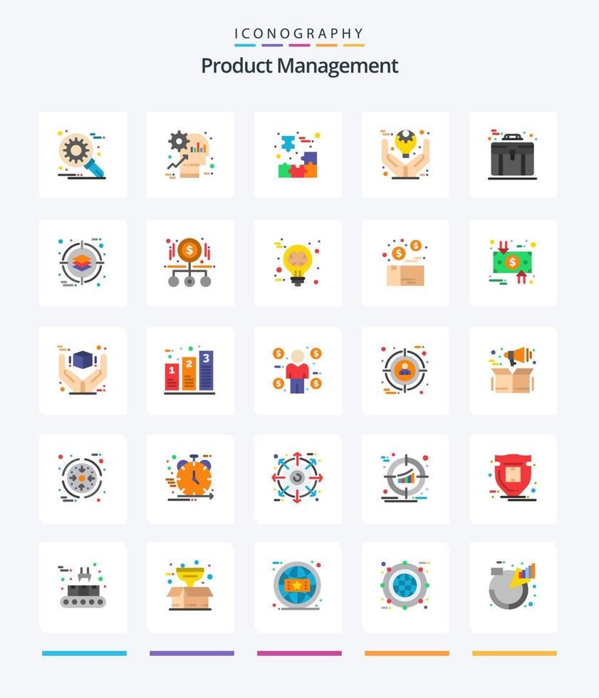 gestión creativa de productos 25 paquete de iconos planos como producto. definiendo productividad. negocio. rompecabezas vector