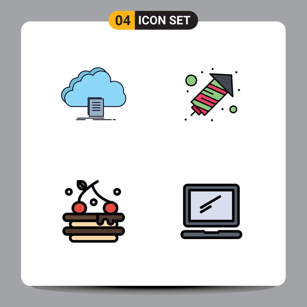 Modern Set of 4 Filledline Flat Colors Pictograph of cloud food file fire work computer Editable Vector Design Elements