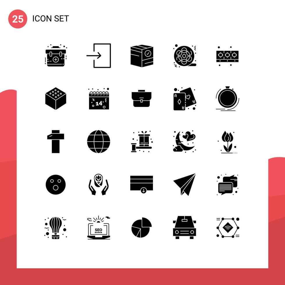 Set of 25 Vector Solid Glyphs on Grid for cooker video check cinema film Editable Vector Design Elements