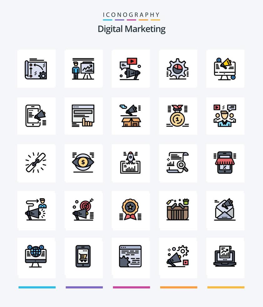 Creative Digital Marketing 25 Line FIlled icon pack  Such As pie graph. cog. businessman. marketing. youtube vector