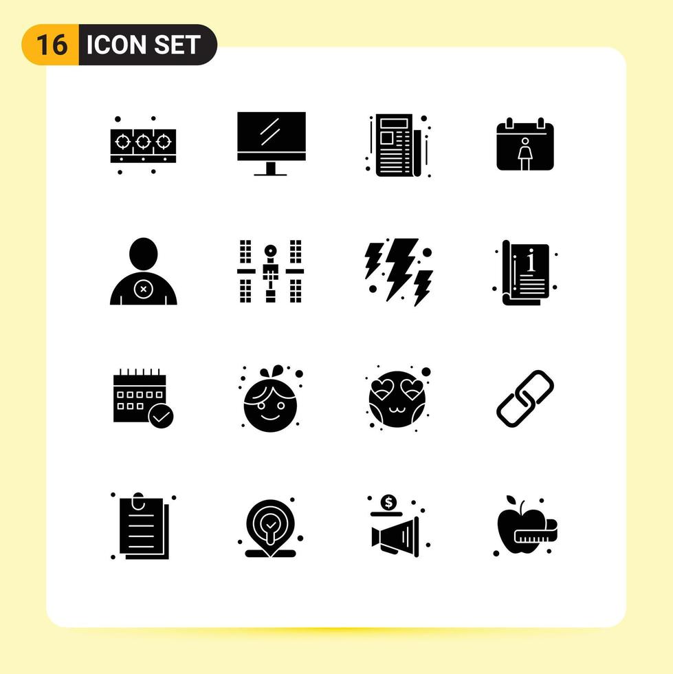 Group of 16 Solid Glyphs Signs and Symbols for platform complex newspaper user delete Editable Vector Design Elements