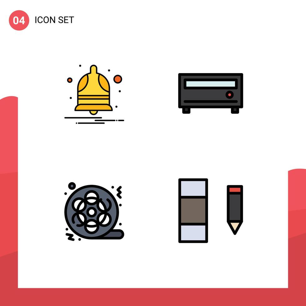 Filledline Flat Color Pack of 4 Universal Symbols of bell cinema alarm player multimedia Editable Vector Design Elements