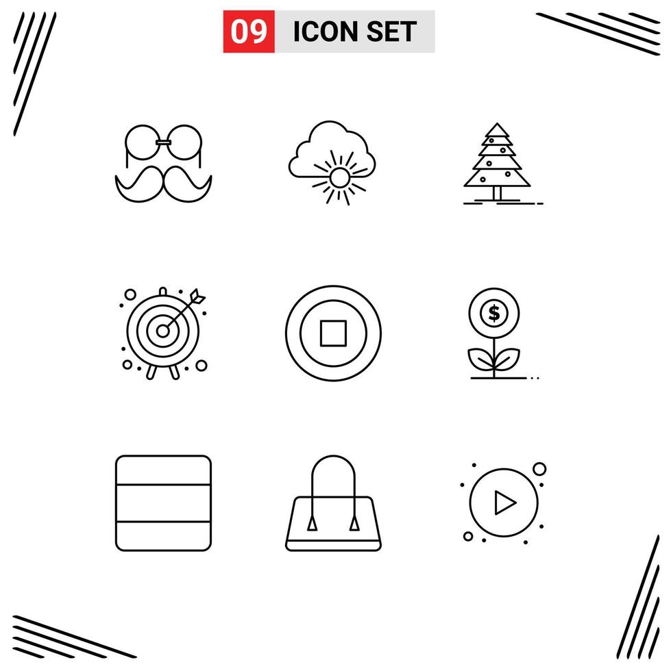 Mobile Interface Outline Set of 9 Pictograms of basic target sun goal x mas Editable Vector Design Elements
