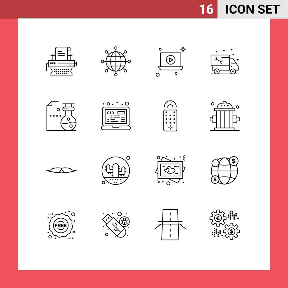 Outline Pack of 16 Universal Symbols of flasks truck laptop plumbing pipe Editable Vector Design Elements