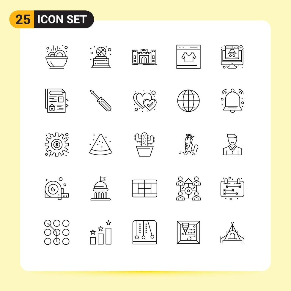 25 símbolos de signos de línea universal de compras en línea castillo crédito hito elementos de diseño vectorial editables vector