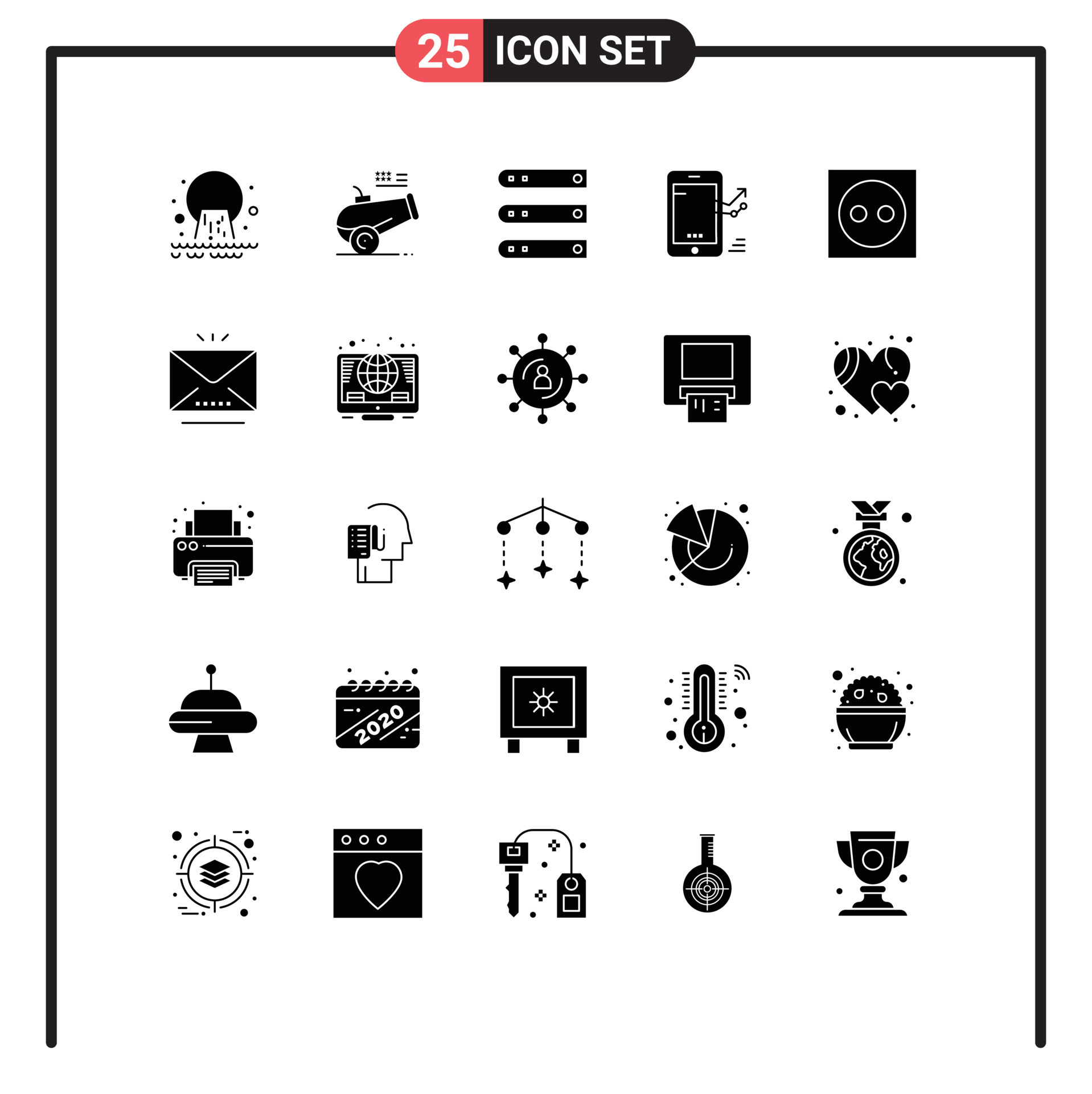 Pack of 25 creative Solid Glyphs of progress graph mortar chart network