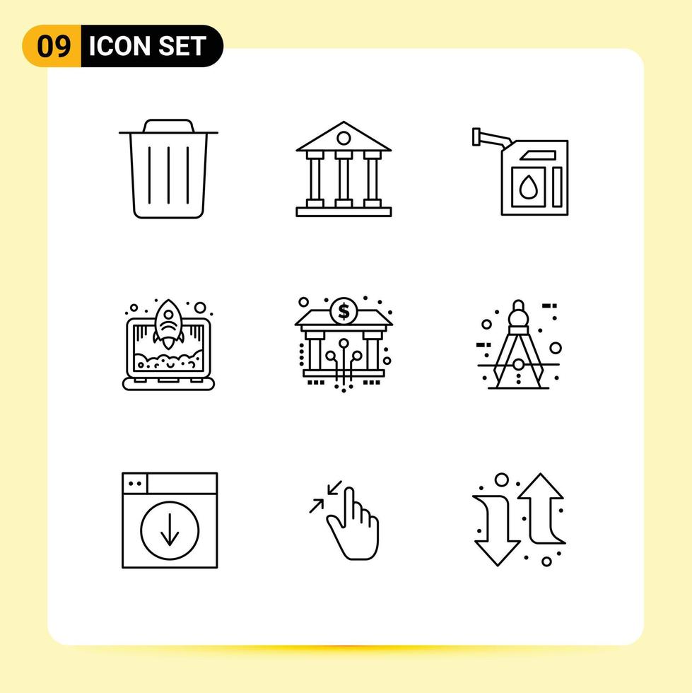 Pack of 9 creative Outlines of blockchain bank car start up laptop Editable Vector Design Elements