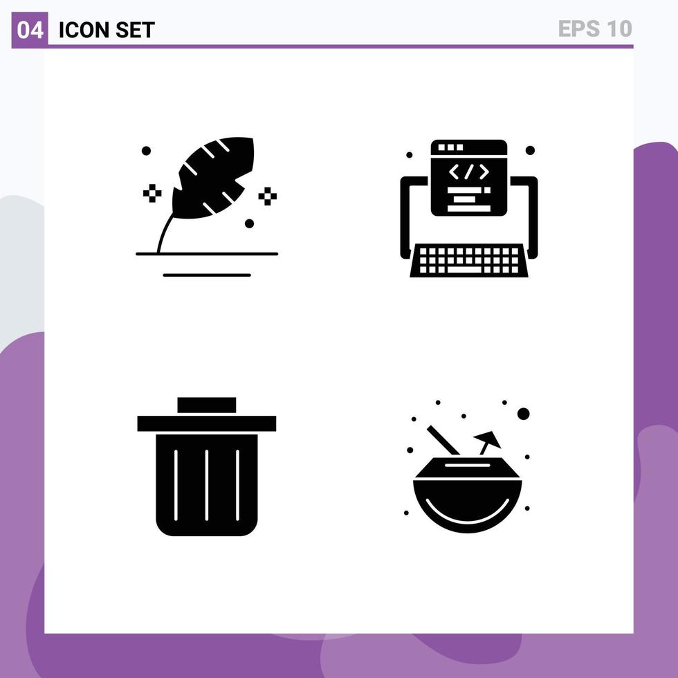 4 Universal Solid Glyphs Set for Web and Mobile Applications feather recycling bin quill development carnival Editable Vector Design Elements