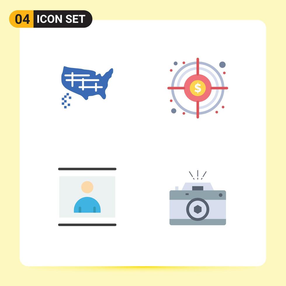 Set of 4 Vector Flat Icons on Grid for map image usa target photo Editable Vector Design Elements