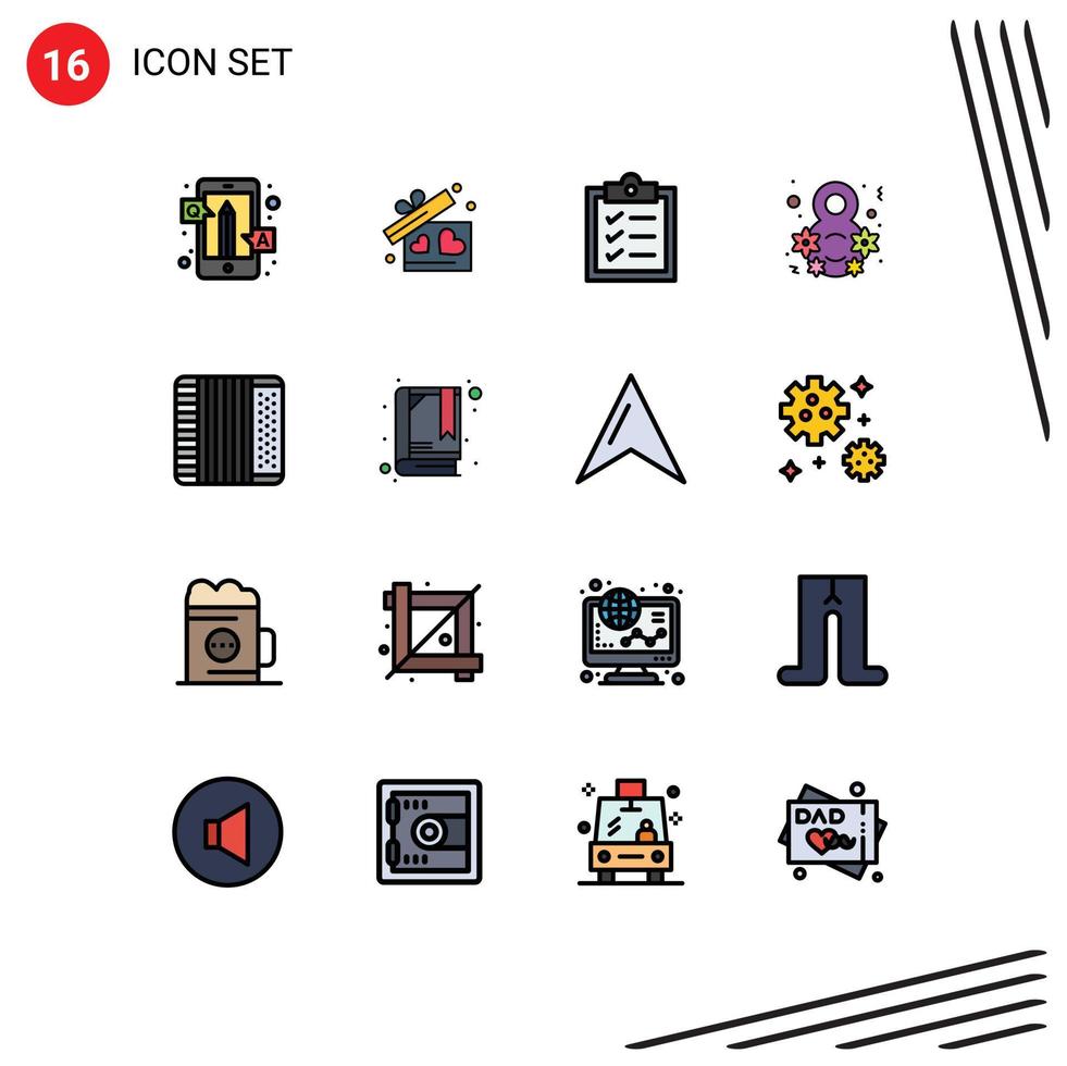 16 Universal Flat Color Filled Line Signs Symbols of audio women celebrate wedding female day Editable Creative Vector Design Elements