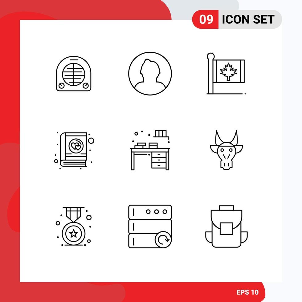 Set of 9 Modern UI Icons Symbols Signs for table romantic flag love maple Editable Vector Design Elements