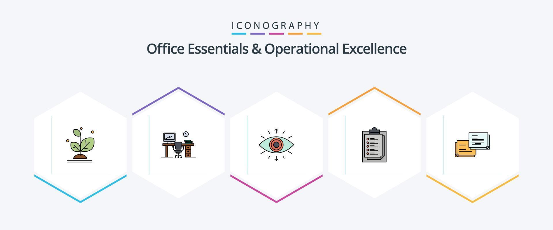 Office Essentials And Operational Exellence 25 FilledLine icon pack including presentation. report card. room. notepad. member vector