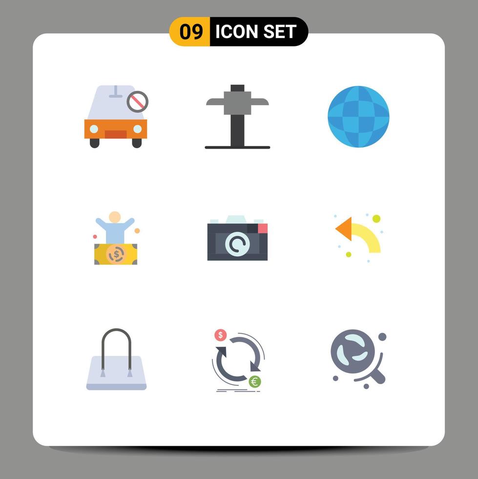 Pack of 9 creative Flat Colors of photo camera geography rich millionaire Editable Vector Design Elements