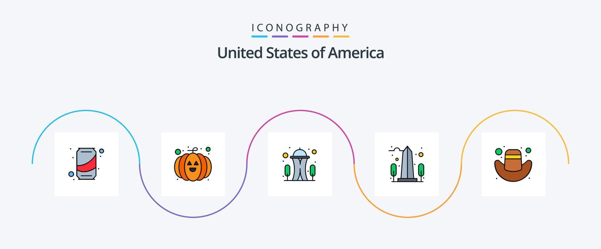 Usa Line Filled Flat 5 Icon Pack Including cap. washington. landmark. usa. monument vector