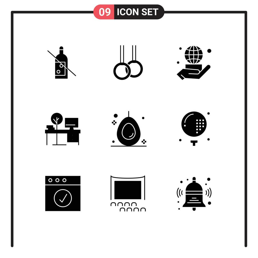 Pack of 9 Modern Solid Glyphs Signs and Symbols for Web Print Media such as food table world place desk Editable Vector Design Elements