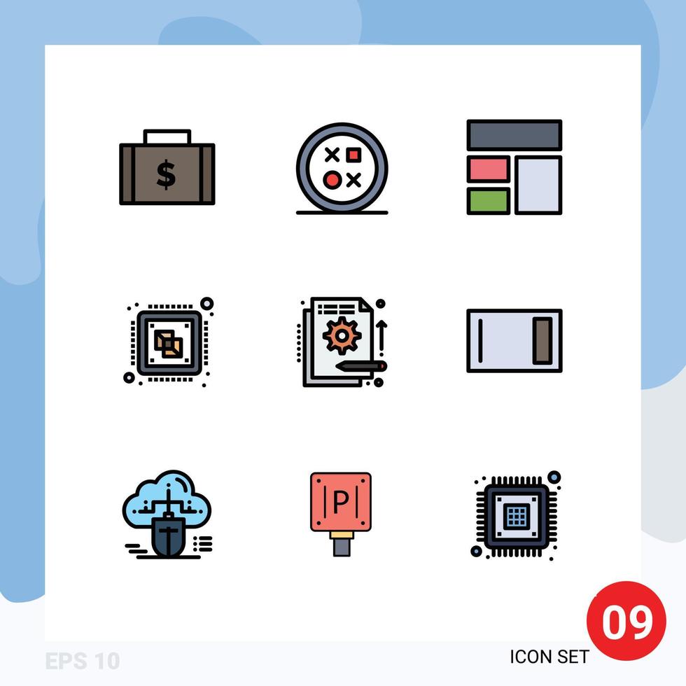 Set of 9 Vector Filledline Flat Colors on Grid for processing chip round central image Editable Vector Design Elements
