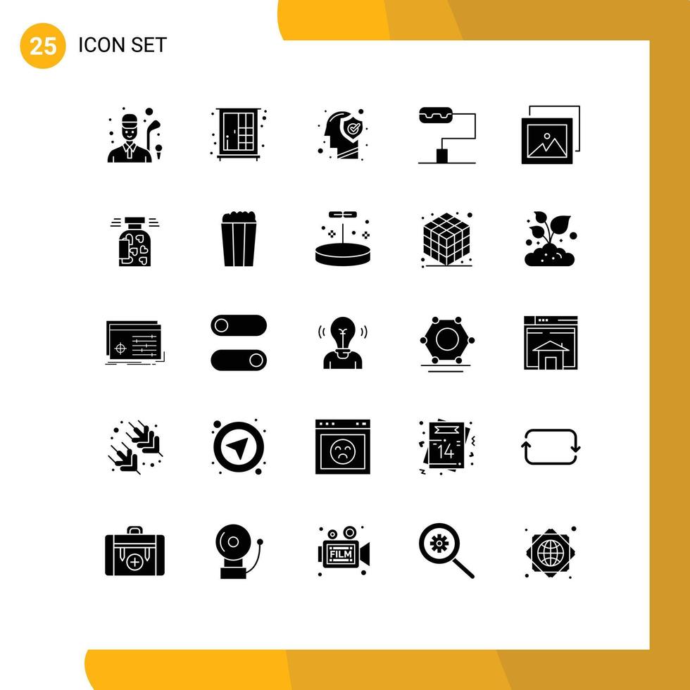 Mobile Interface Solid Glyph Set of 25 Pictograms of jar gallery brain album mind Editable Vector Design Elements