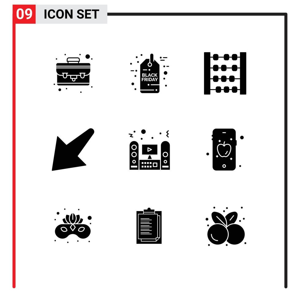 conjunto moderno de 9 pictogramas de glifos sólidos del contador de altavoces del sistema tv dejó elementos de diseño vectorial editables vector