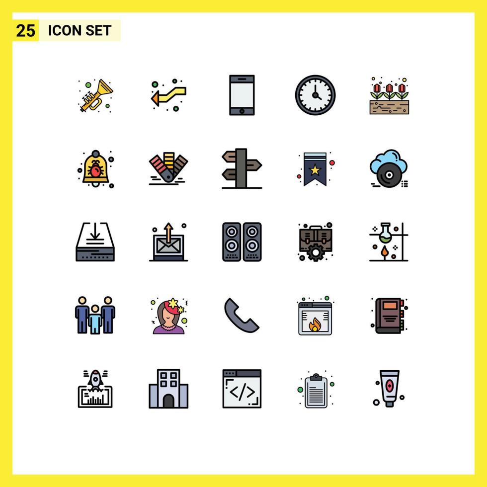 Group of 25 Modern Filled line Flat Colors Set for growing time device contact us clock Editable Vector Design Elements