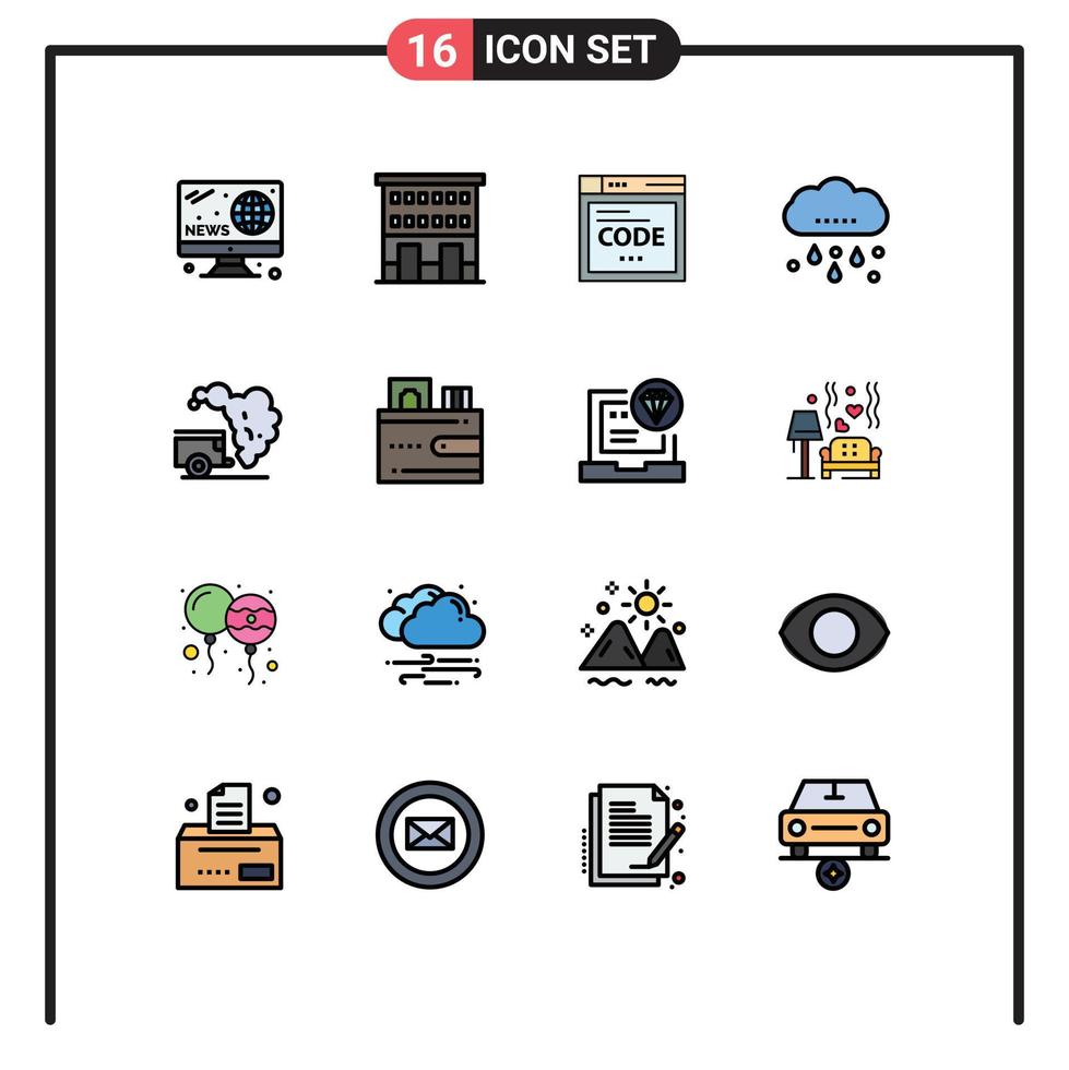 Universal Icon Symbols Group of 16 Modern Flat Color Filled Lines of dump rainy shops rain coding Editable Creative Vector Design Elements