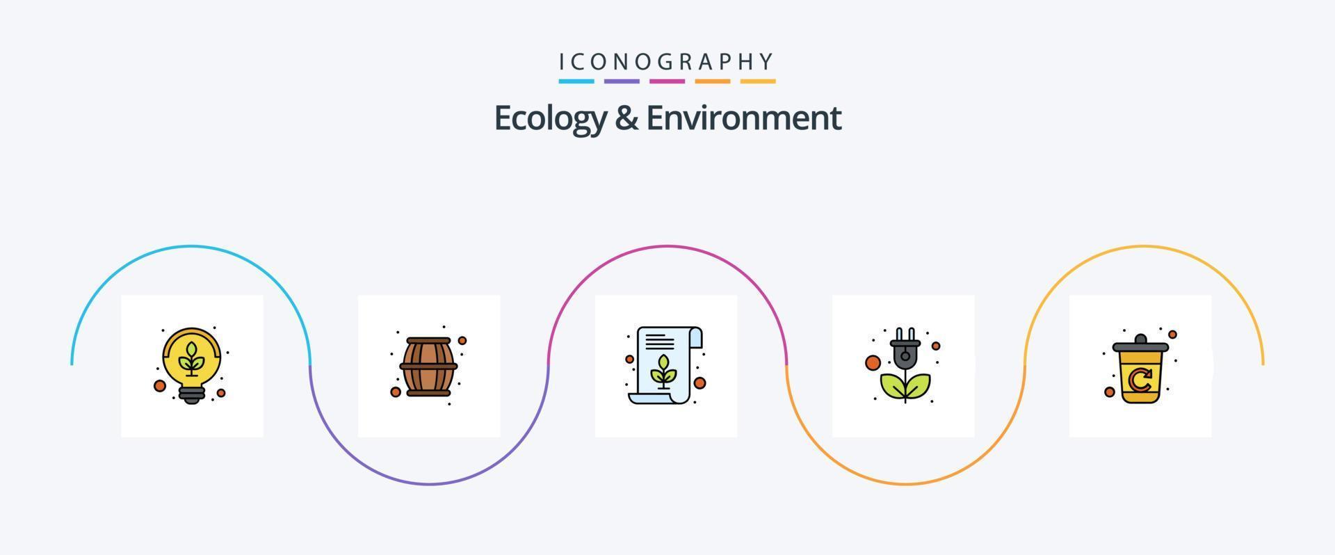 La línea de ecología y medio ambiente llenó el paquete de iconos planos 5 que incluye reciclaje. poder. expediente. enchufar. energía vector