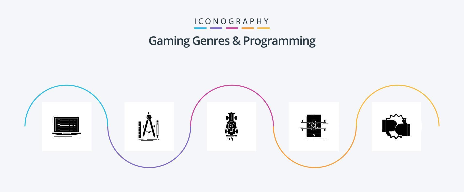 Gaming Genres And Programming Glyph 5 Icon Pack Including mobile. api. math. speed. game vector