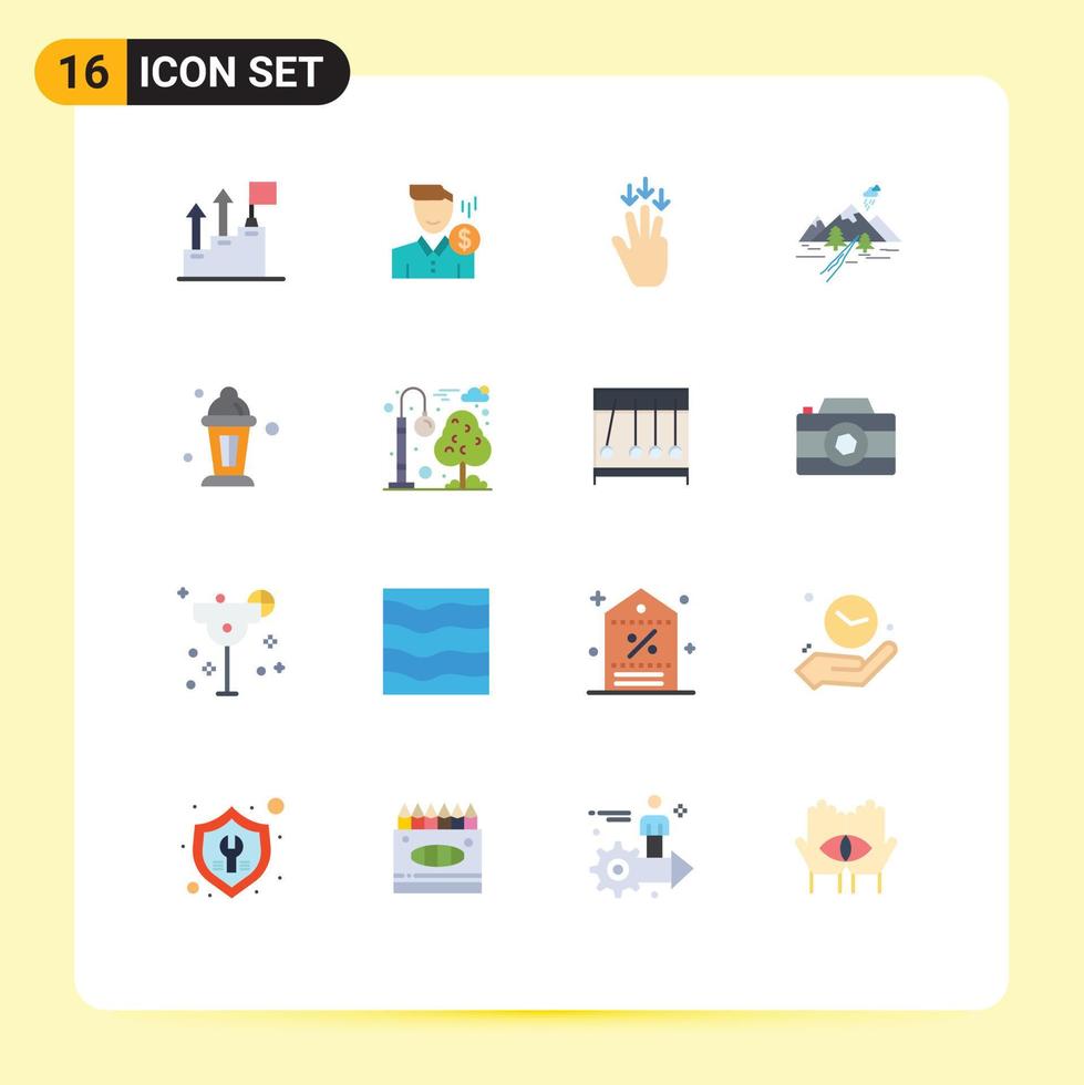 paquete de 16 signos y símbolos modernos de colores planos para medios de impresión web, como gestos de colinas, dinero, flecha, dedo, paquete editable de elementos creativos de diseño de vectores