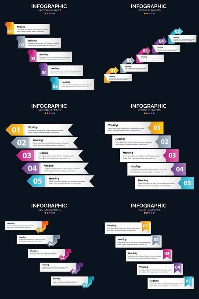 plantilla de diapositiva de presentación del paquete de infografías vectoriales 6 diagramas de ciclo de 5 pasos y líneas de tiempo vector