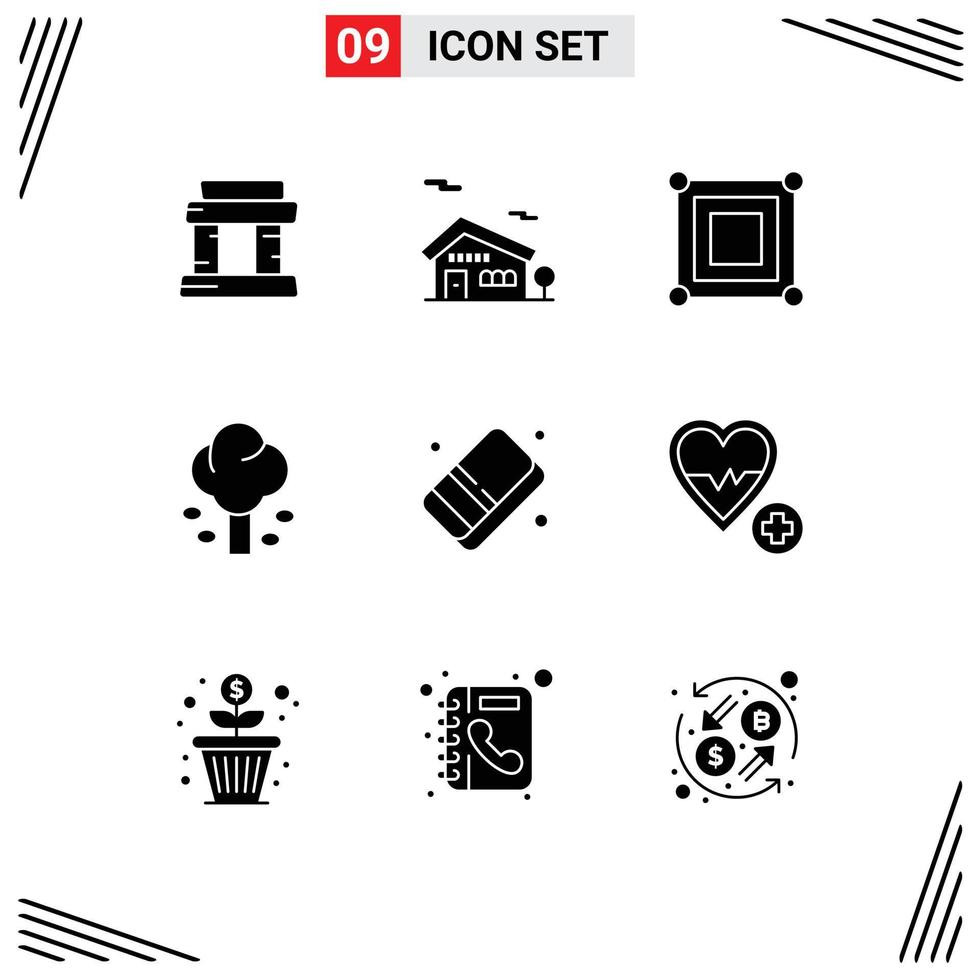 Set of 9 Vector Solid Glyphs on Grid for color eraser corner tree green Editable Vector Design Elements