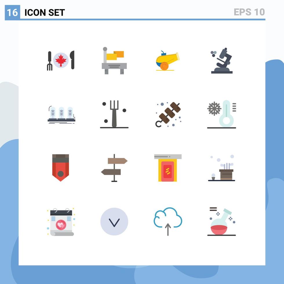 Pack of 16 Modern Flat Colors Signs and Symbols for Web Print Media such as fork sound weapon lamp amplifier Editable Pack of Creative Vector Design Elements