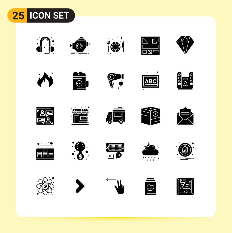 Group of 25 Solid Glyphs Signs and Symbols for fire diamond food care mockup Editable Vector Design Elements