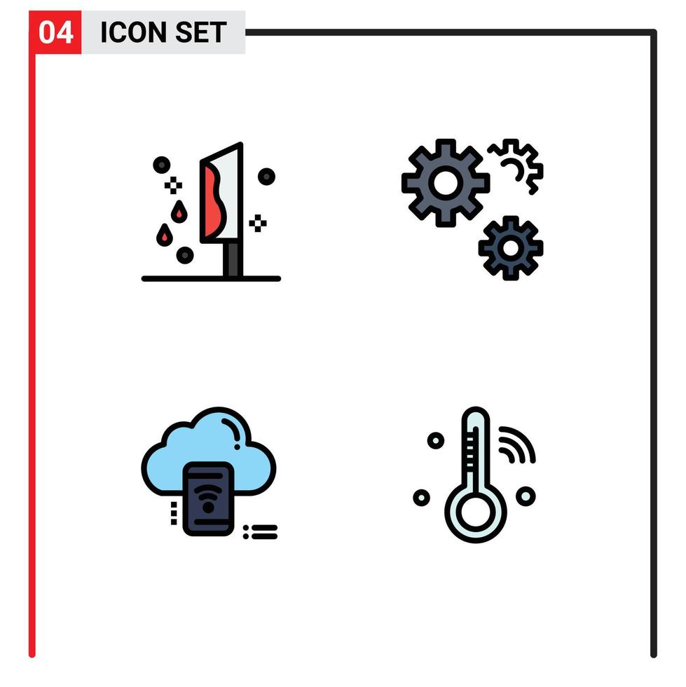 Pack of 4 Modern Filledline Flat Colors Signs and Symbols for Web Print Media such as blood wifi knife gears cloud Editable Vector Design Elements