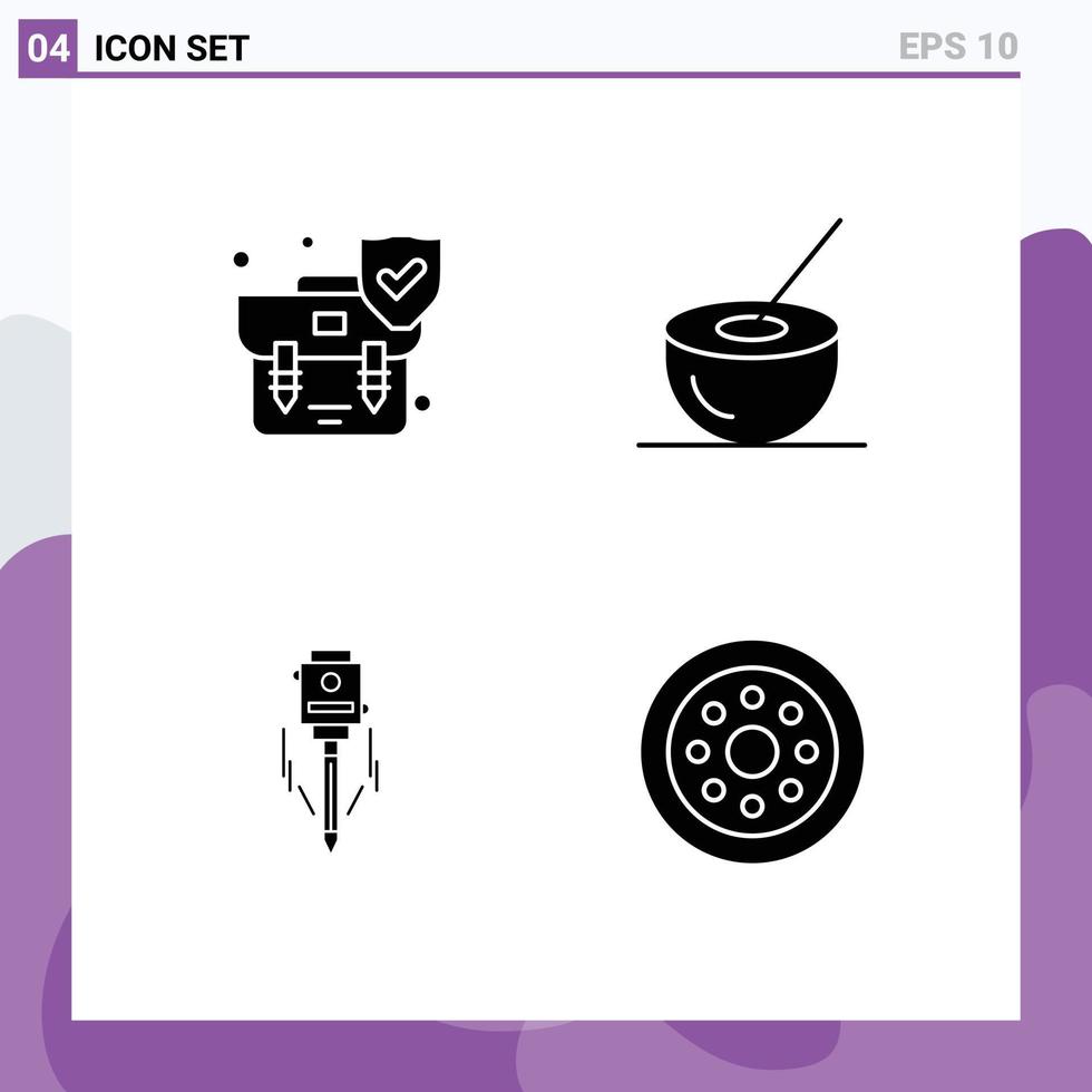 Pack of 4 Modern Solid Glyphs Signs and Symbols for Web Print Media such as handbag laser shield coconut juice construction Editable Vector Design Elements