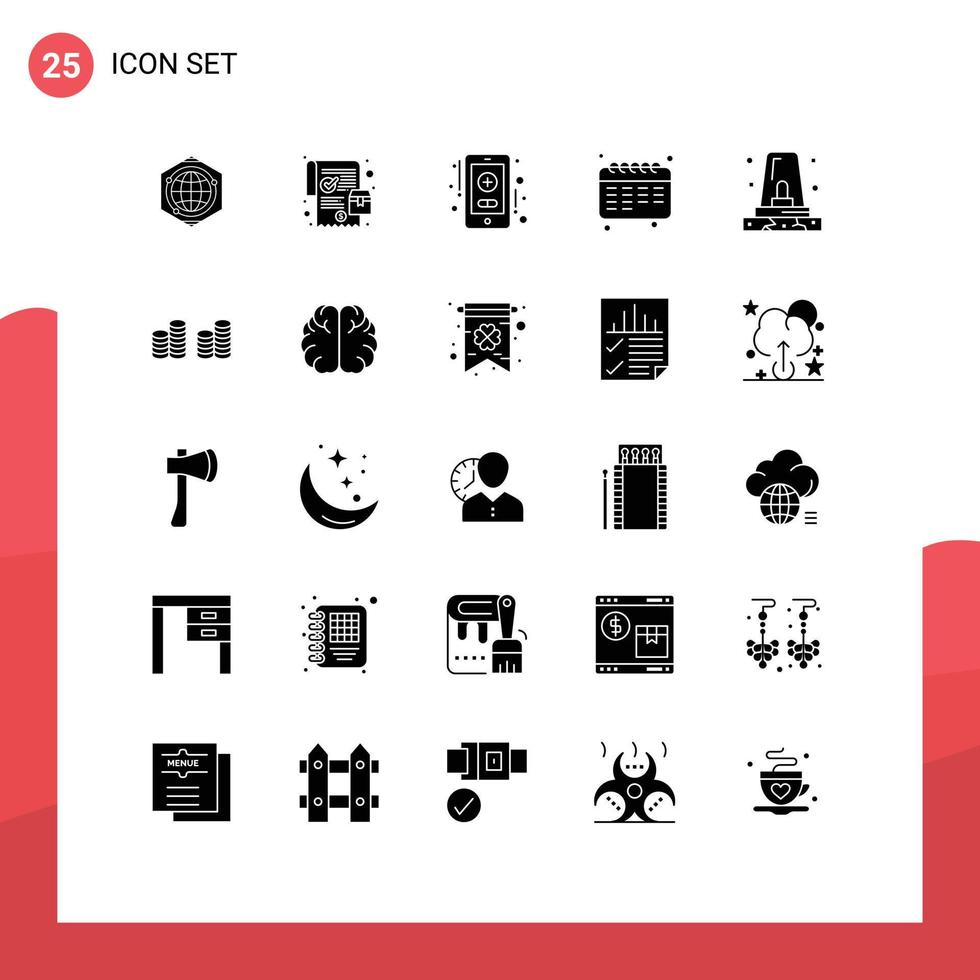 Set of 25 Vector Solid Glyphs on Grid for police alert health care student education Editable Vector Design Elements