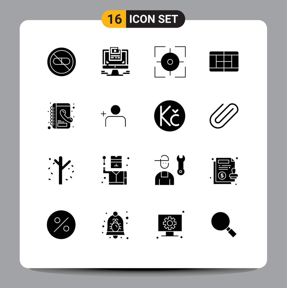 grupo de símbolos de iconos universales de 16 glifos sólidos modernos del sitio web de la guía telefónica tenis objetivo elementos de diseño vectorial editables vector