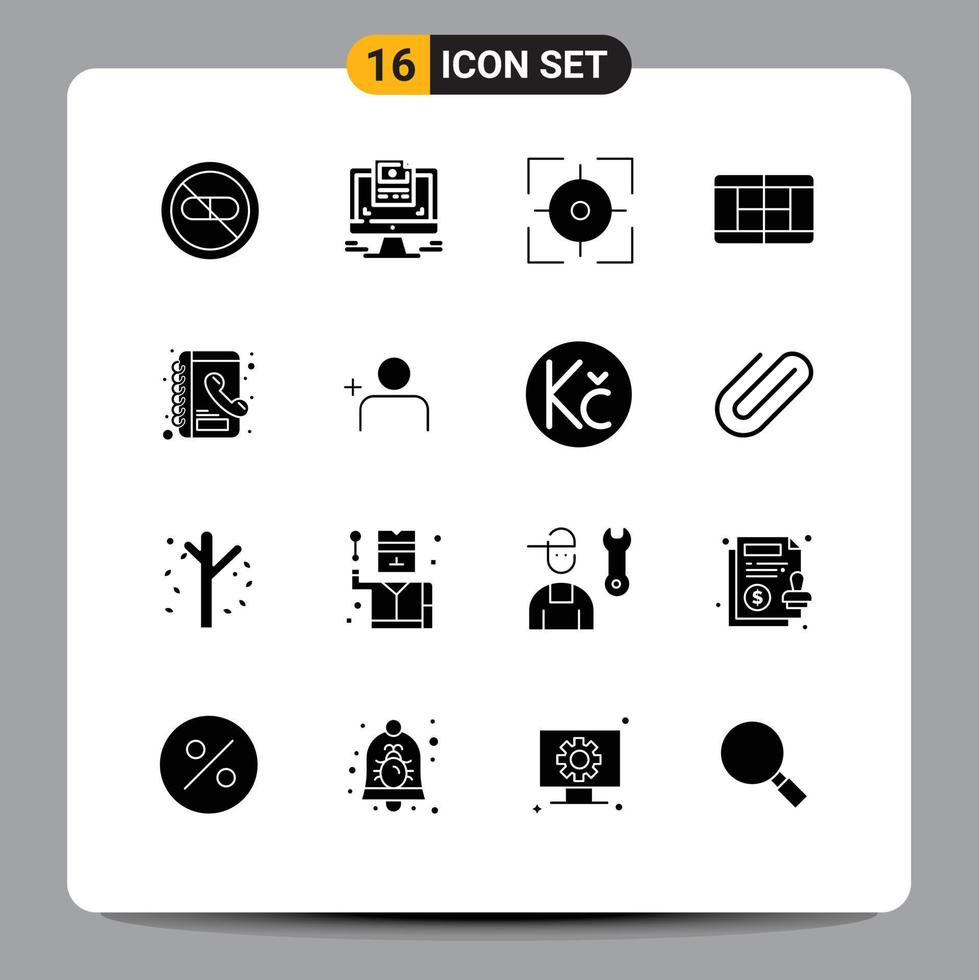 Universal Icon Symbols Group of 16 Modern Solid Glyphs of phone book book website tennis target Editable Vector Design Elements