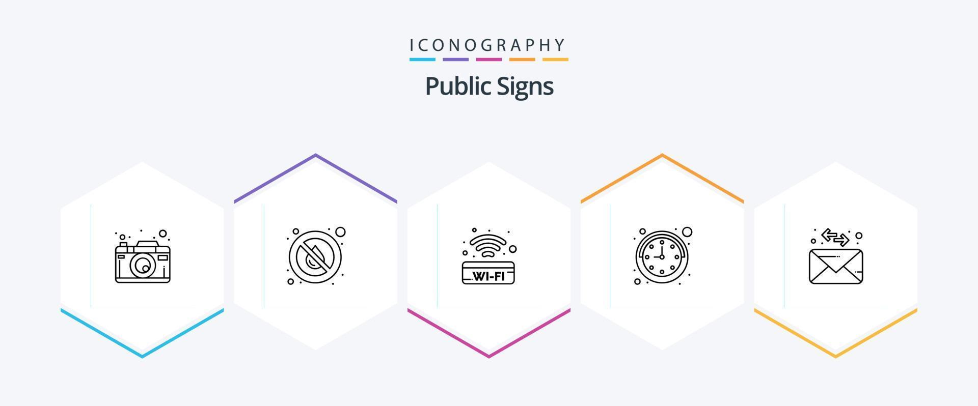 Public Signs 25 Line icon pack including mail. watch. weather. time. wifi vector