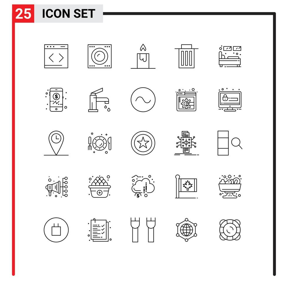 Mobile Interface Line Set of 25 Pictograms of sleep hotel candle bed trash Editable Vector Design Elements