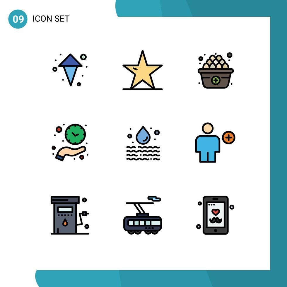 9 Universal Filledline Flat Color Signs Symbols of leak save time diet time hand Editable Vector Design Elements