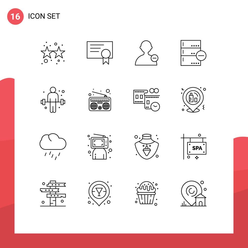 Universal Icon Symbols Group of 16 Modern Outlines of sport dumbbell interface delete data Editable Vector Design Elements