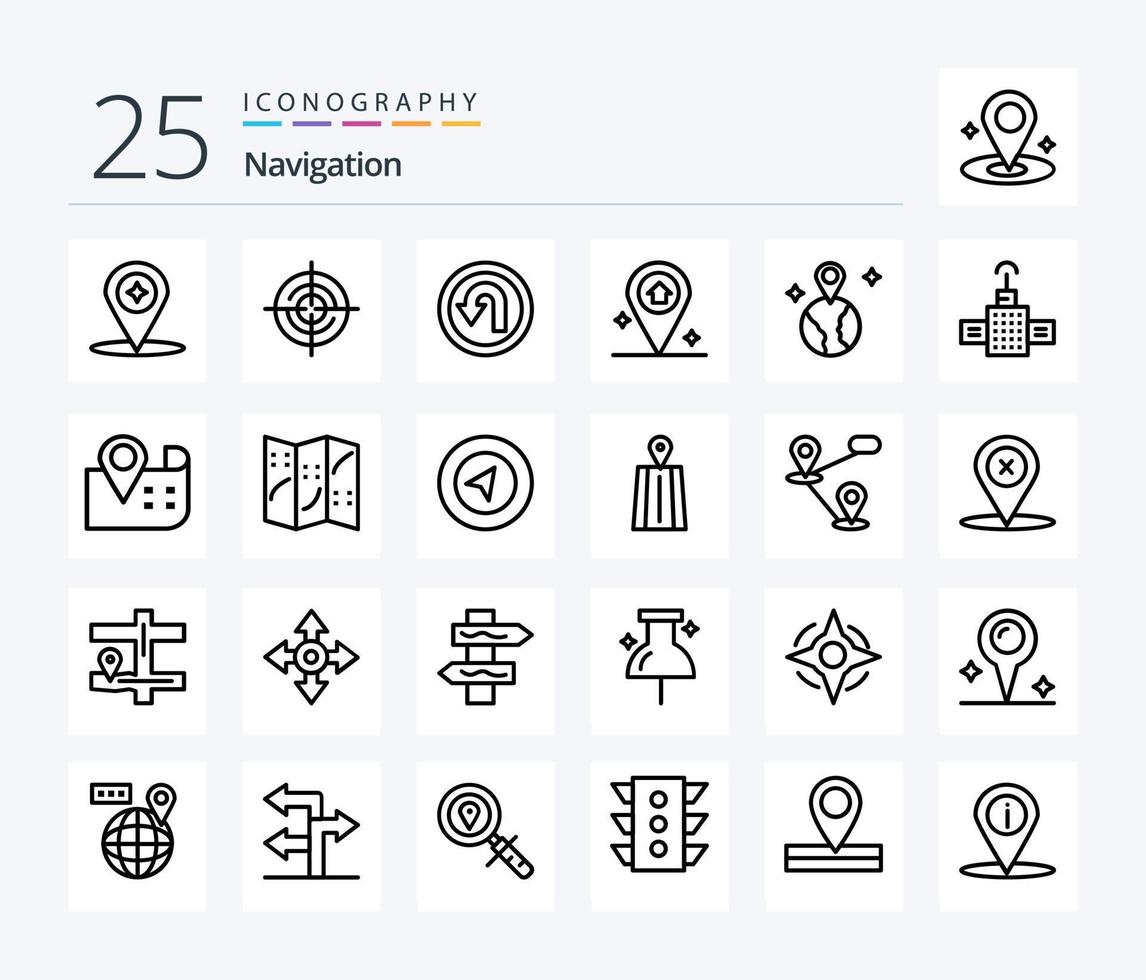 Navigation 25 Line icon pack including location. world. arrow. house. map vector