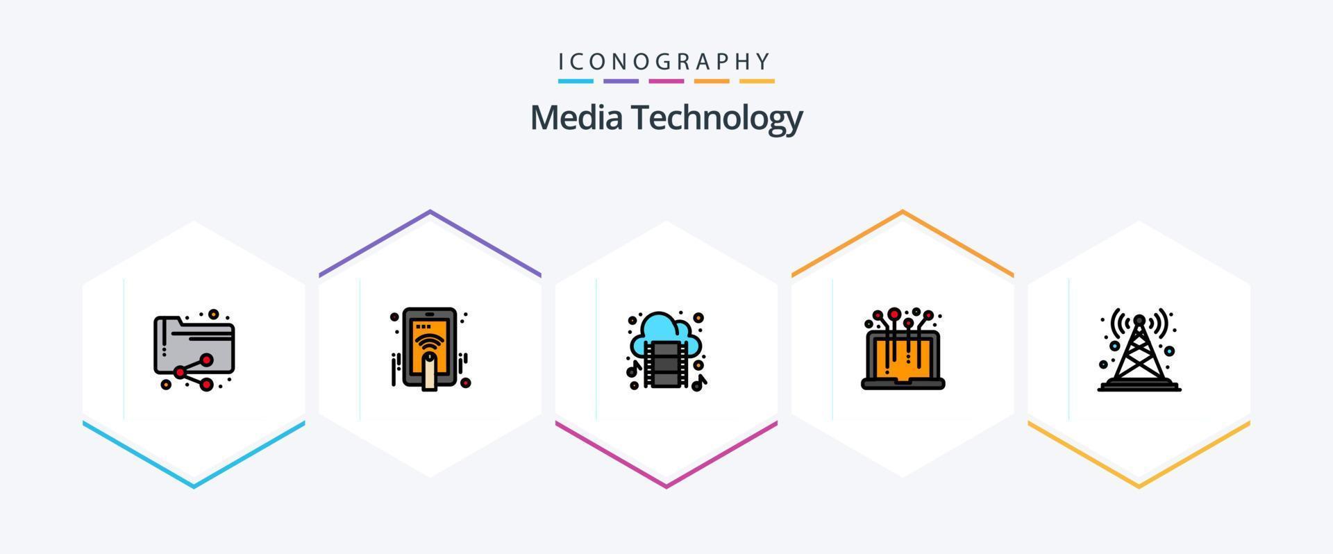 Media Technology 25 FilledLine icon pack including signal. system. cloud. media. hardware vector